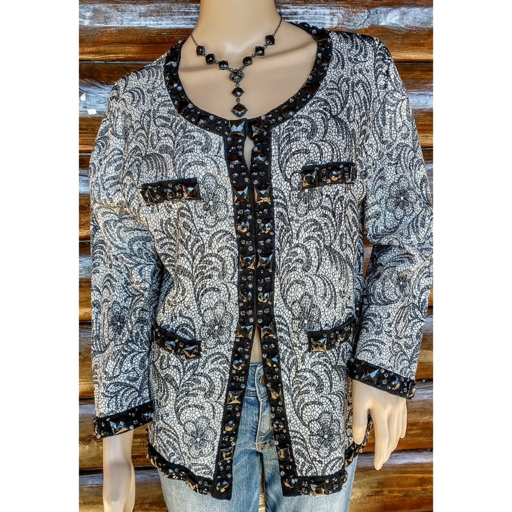 Michael Simon Workshop Embellished Flower Print Cardigan Sweater Top Size XL